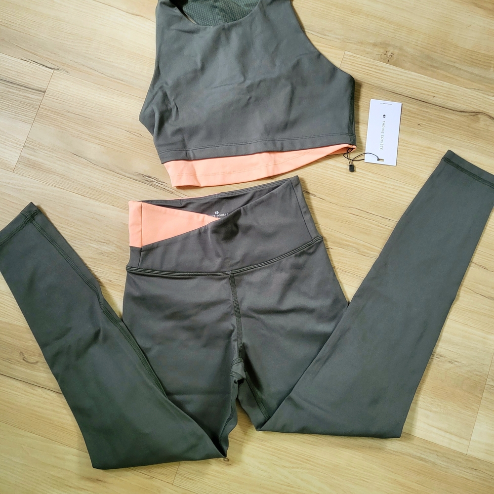Crescent Olive Gray High-Waist Leggings with Peach Accent